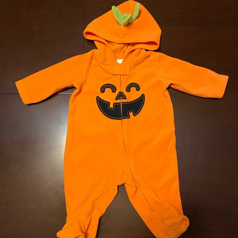 Halloween footed jumpsuit with hood.